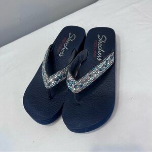 Sketchers navy pink clear rhinestone yoga foam flip flop thong sandals size 9